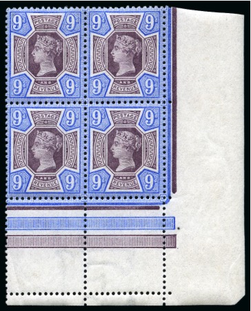 Stamp of Great Britain » 1855-1900 Surface Printed » 1887-1900 Jubilee Issue & 1891 £1 Green 1887-1900 Jubilee Issue 9d dull purple and blue mint nh lower right corner marginal block of four