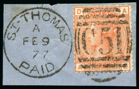 Stamp of Great Britain » 1855-1900 Surface Printed » 1873-80 Large Coloured Corner Letters 1873-80 4d Vermilion pl.15 AD tied to piece by complete ST. THOMAS / PAID "C51" duplex