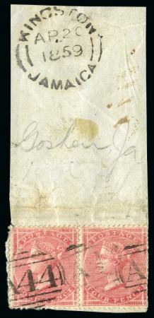 Stamp of Jamaica 1857 GB 4d Rose, wmk Large Garter, pair on piece cancelled by "A44" numerals of Goshen