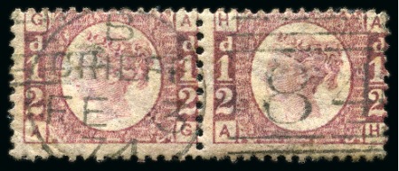 Stamp of Great Britain » 1854-70 Perforated Line Engraved 1870 1/2d Rose-Red pl.3 used pair with watermark inverted and reversed