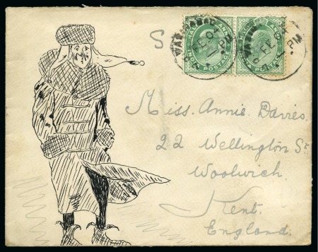 Stamp of India » 1855-1946 De La Rue and later Crown Colony Issues 1904 (Feb 6) Hand illustrated envelope in ink depicting a man with winter jacket and hat