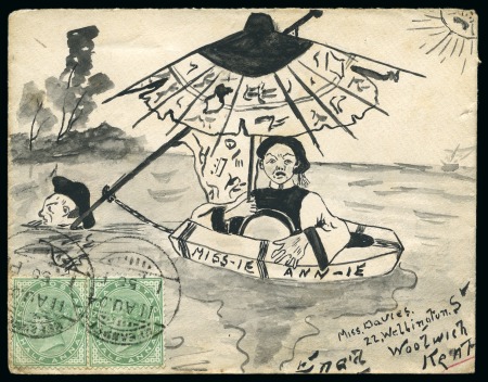 Stamp of India » 1855-1946 De La Rue and later Crown Colony Issues 1904 (Aug 11) Hand illustrated envelope in ink depicting two Oriental men, one swimming and dragging the other in a ring