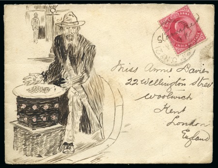 Stamp of India » 1855-1946 De La Rue and later Crown Colony Issues 1904 (Jan 6) Hand illustrated envelope in ink depicting a man cooking food on a street corner