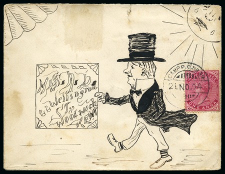Stamp of India » 1855-1946 De La Rue and later Crown Colony Issues 1904 (Nov 26) Hand illustrated envelope in ink depicting a smartly dressed man holding a sign with the address