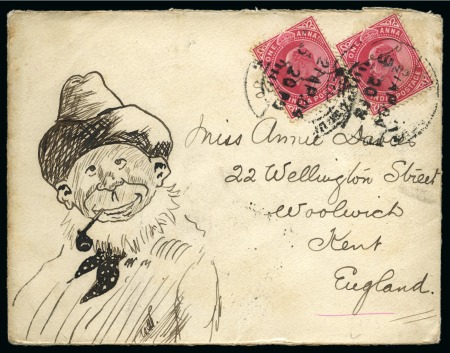 Stamp of India » 1855-1946 De La Rue and later Crown Colony Issues 1904 (Apr 21) Hand illustrated envelope in ink depicting a man with a pipe