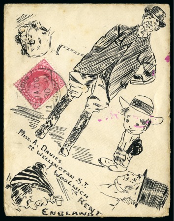 Stamp of India » 1855-1946 De La Rue and later Crown Colony Issues 1906 (Jan 12) Hand illustrated envelope in ink depicting a man in horse riding attire, caricature of a boy and three portraits