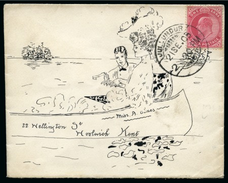 Stamp of India » 1855-1946 De La Rue and later Crown Colony Issues 1905 (Sep 21) Hand illustrated envelope in ink depicting a man courting a well-dressed lady in a boat