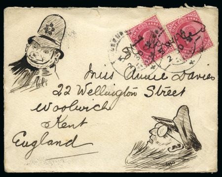 Stamp of India » 1855-1946 De La Rue and later Crown Colony Issues 1904 (May 5) Hand illustrated envelope in ink depicting a policeman and the head of a spectacled man looking at him