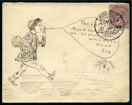 Stamp of India » 1855-1946 De La Rue and later Crown Colony Issues 1904 (May 26) Hand illustrated envelope in ink depicting a paperboy
