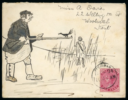 Stamp of India » 1855-1946 De La Rue and later Crown Colony Issues 1904 (Dec 15) Hand illustrated envelope in ink depicting a comical hunting scene