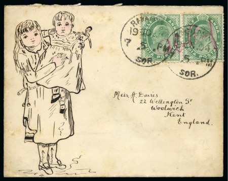 Stamp of India » 1855-1946 De La Rue and later Crown Colony Issues 1904 (Oct 19) Hand illustrated envelope in ink depicting a girl holding a little girl