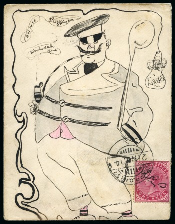 Stamp of India » 1855-1946 De La Rue and later Crown Colony Issues 1904 (Nov 21) Hand illustrated envelope in ink depicting an overweight man smoking a pipe