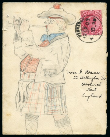 Stamp of India » 1855-1946 De La Rue and later Crown Colony Issues 1904 (Apr 19) Hand illustrated envelope in pencil depicting an Scotsman in kilt playing a pipe