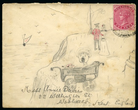 Stamp of India » 1855-1946 De La Rue and later Crown Colony Issues 1905 (Apr 19) Hand illustrated envelope in pencil depicting a British soldier escorting a lady leaving behind a crying baby next to a cliff