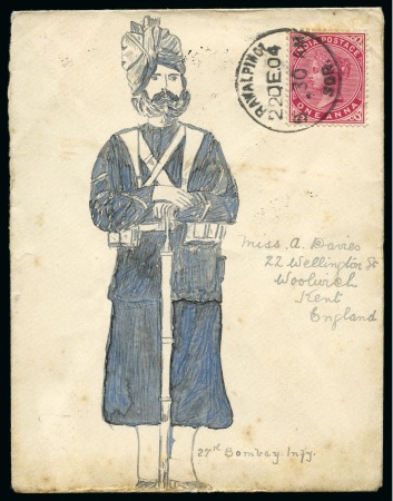 Stamp of India » 1855-1946 De La Rue and later Crown Colony Issues 1904 (Dec 22) Hand illustrated envelope in ink depicting an Indian soldier from the 27th Bombay Infantry