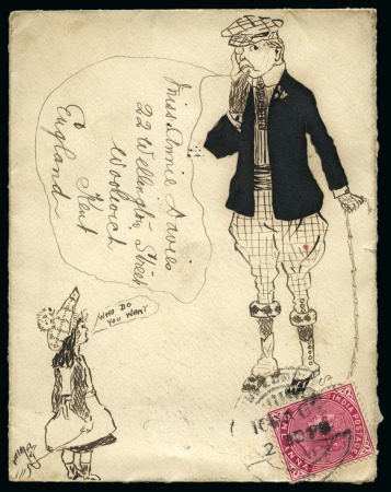 Stamp of India » 1855-1946 De La Rue and later Crown Colony Issues 1904 (May 10) Hand illustrated envelope in ink depicting a well dressed gentleman and little girl pulling a toy horse