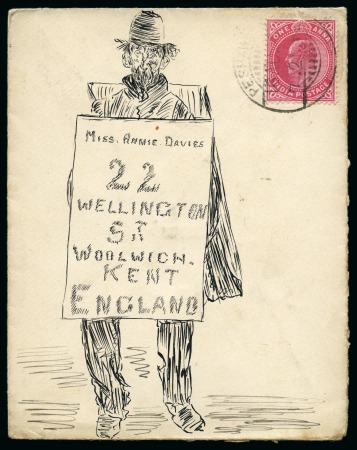 Stamp of India » 1855-1946 De La Rue and later Crown Colony Issues 1905 (Aug 16) Hand illustrated envelope in ink depicting a man carrying a sandwich-board showing the address