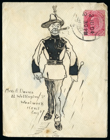 Stamp of India » 1855-1946 De La Rue and later Crown Colony Issues 1904 (Jun 2) Hand illustrated envelope in ink depicting an Australian(?) soldier in dress uniform