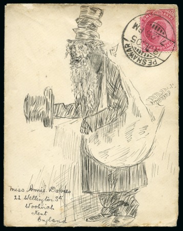 Stamp of India » 1855-1946 De La Rue and later Crown Colony Issues 1905 (Jul 19) Hand illustrated envelope in ink depicting an beggar wearing several hats and carrying a bag