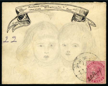 Stamp of India » 1855-1946 De La Rue and later Crown Colony Issues 1904 (Nov 9) Hand illustrated envelope in pencil and ink depicting two girls