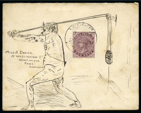 Stamp of India » 1855-1946 De La Rue and later Crown Colony Issues 1904 (Jun) Hand illustrated envelope in ink depicting a worker raising something on a winch