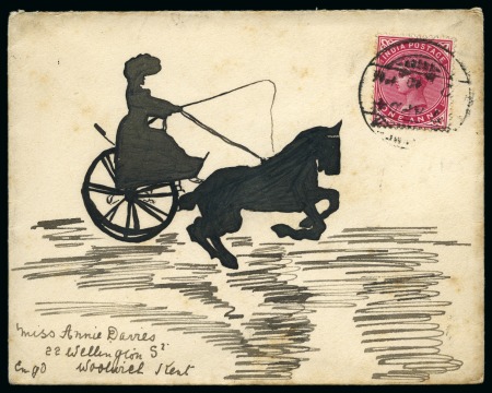 Stamp of India » 1855-1946 De La Rue and later Crown Colony Issues 1904 (Apr 7) Hand illustrated envelope in ink depicting the silhouette of a lady riding a horse and carriage