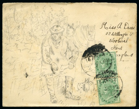 Stamp of India » 1855-1946 De La Rue and later Crown Colony Issues 1904 (Apr 14) Hand illustrated envelope in pencil depicting a man sitting down with two horses in the background