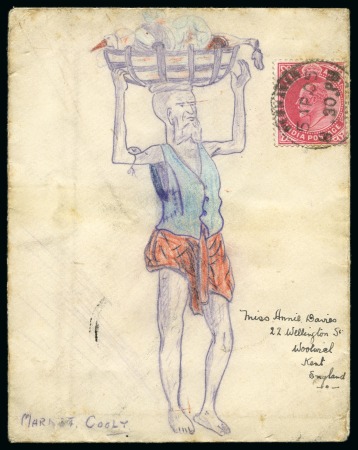 Stamp of India » 1855-1946 De La Rue and later Crown Colony Issues 1905 (Apr 5) Hand illustrated envelope in coloured depicting a man carrying a basket of food on his head