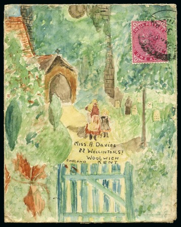 Stamp of India » 1855-1946 De La Rue and later Crown Colony Issues 1904 (Mar 22) Hand illustrated envelope in watercolour depicting two girls walking through a church yard
