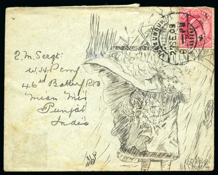 Stamp of India » 1855-1946 De La Rue and later Crown Colony Issues 1903 (Sep 27) Hand illustrated envelope in ink depicting a girl holding flower being blown by the wind
