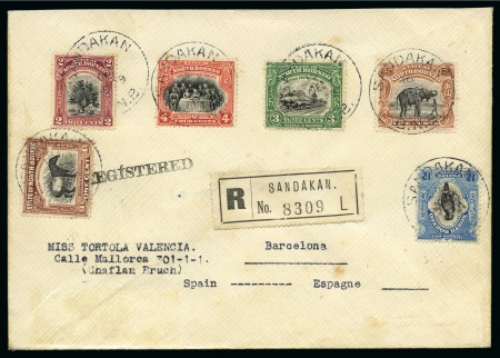 Stamp of North Borneo 1929 (Dec 16) Envelope sent registered to Spain with 1925-28 1c, 2c, 3c, 4c, 5c and 12c tied by Sandakan cds