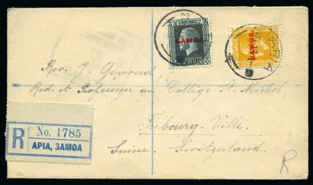 Stamp of Samoa 1919 (Feb 27) Envelope sent registered to Switzerland with 1916-19 KGV 2d & 2 1/2d tied by Apia cds, with faint censor hs 
