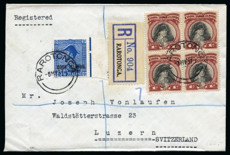 Stamp of Cook Islands 1937 (May 8) Envelope sent registered to Switzerland with 1d Captain Cook block of four and 1936-44 2s
