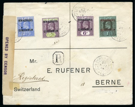 Stamp of New Hebrides 1915 (Nov 23) Envelope sent registered to Switzerland with KEVII 1910 2 1/2d, 5d, 6d and 1s tied by French Port Villa cds, censored