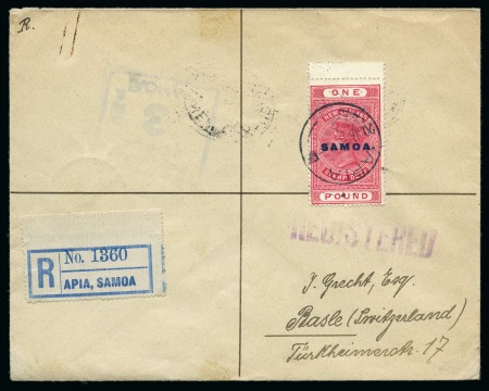 Stamp of Samoa 1919 (Jan 19) Envelope sent registered to Switzerland with 1914-24 Postal Fiscal £1 tied by Apia cds