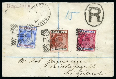 Stamp of Cyprus » King Edward VII Issues 1904 Envelope sent registered to Switzerland with KEVII 1902-04 Wmk CA 1pi, 2pi and 12pi tied by Laranca squared circle ds