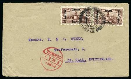 Stamp of Iraq » Iraq British Occupation Post Offices 1920 (May 26) Envelope to Switzerland with two 1918-21 1 1/2a on 5pa tied by Basrah cds, with M.E.F. censor hs below
