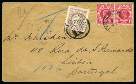 Stamp of South Africa » Natal 1909 Envelope to Portugal with two KEVII 1d tied by Glencoe cds, underpaid with Portuguese 20c postage due applied