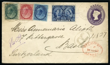 Stamp of Canada 1902 (Aug 21) 2c Postal stationery envelope uprated with 1897 Jubilee 5c and 1897-98 1c, 2c and 5c all lightly cancelled by Montreal cds