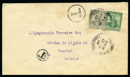 Stamp of Trinidad and Tobago 1922 (Jul 22) Envelope to MADEIRA with 1913-23 2d and 1/2d tied by Port of Spain cds, underpaid with Portuguese postage dues