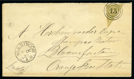 Stamp of South Africa » Transvaal 1887 (Oct 7) Envelope to Orange Free State, with 1878 4d DIAGONAL BISECT tied by crisp "15" target cancel 