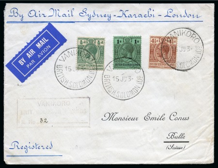 Stamp of British Solomon Islands 1934 (Jun 15) Airmail Sydney-Karachi-London sent registered to Switzerland with 1922-31 1/2d, 4 1/2d and 1s tied by Vanikoro cds 