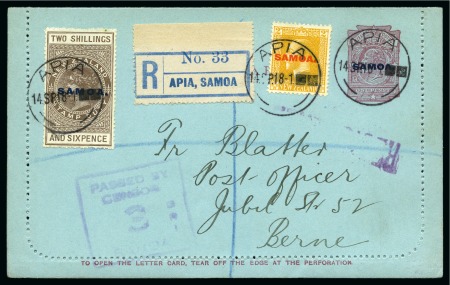 Stamp of Samoa 1918 (Sep 14) 1d Postal stationery lettercard uprated with Postal Fiscal 2s6d and KGV 2d tied by Apia cds