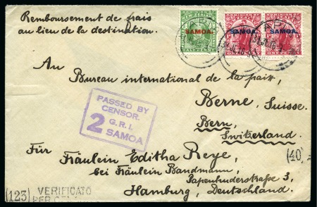 Stamp of Samoa 1916 (Jul 31) Envelope sent to the Red Cross in Switzerland with 1914-15 1d pair and 1/2d tied by Apia cds, crisp Samoa censor cachet