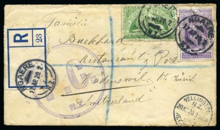 Stamp of New Zealand 1920 (Apr 17) Envelope sent registered to Switzerland with 1920 Victory 6d and 1/2d tied by Ngaere cds, censored