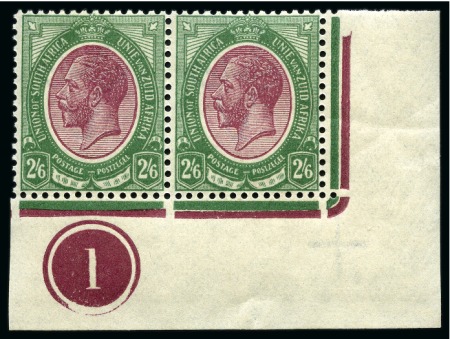 Stamp of South Africa » Union & Republic of South Africa 1913 King Head 2s6d purple and green, bottom right corner marginal control number '1' horizontal pair, mint nh