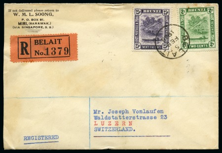 Stamp of Brunei 1938 Envelope sent registered to Switzerland with 1924-37 2c and 25c tied by Belait cds