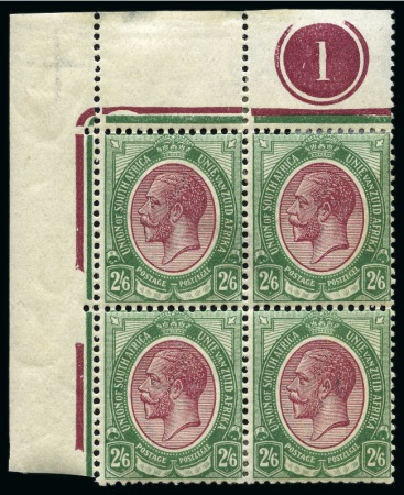 Stamp of South Africa » Union & Republic of South Africa 1913 King Head 2s6d purple and green, top left corner marginal control number '1' block of four, mint