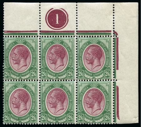 Stamp of South Africa » Union & Republic of South Africa 1913 King Head 2s6d purple and green, top right corner marginal control number '1' block of six