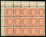 Stamp of Canada 1889-97 3c Bright Vermilion mint nh upper left corner marginal block of 15 with "THREE CENT" in margin